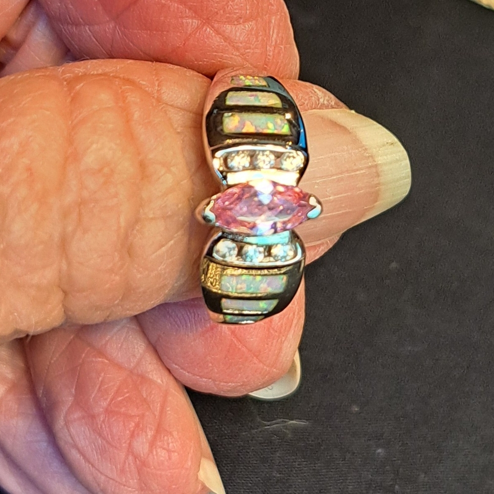 Elegant Pink Stone, Opal Looking Slivers, And CZs Set In Silver Women's Ring